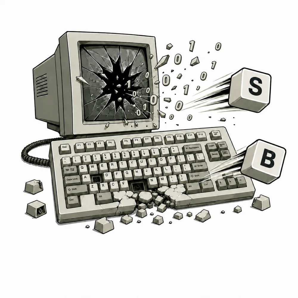 Illustration of a retro computer smashing bits: a CRT with a shattered screen scatters binary digits while S and B keycaps fly off a crumbling keyboard.